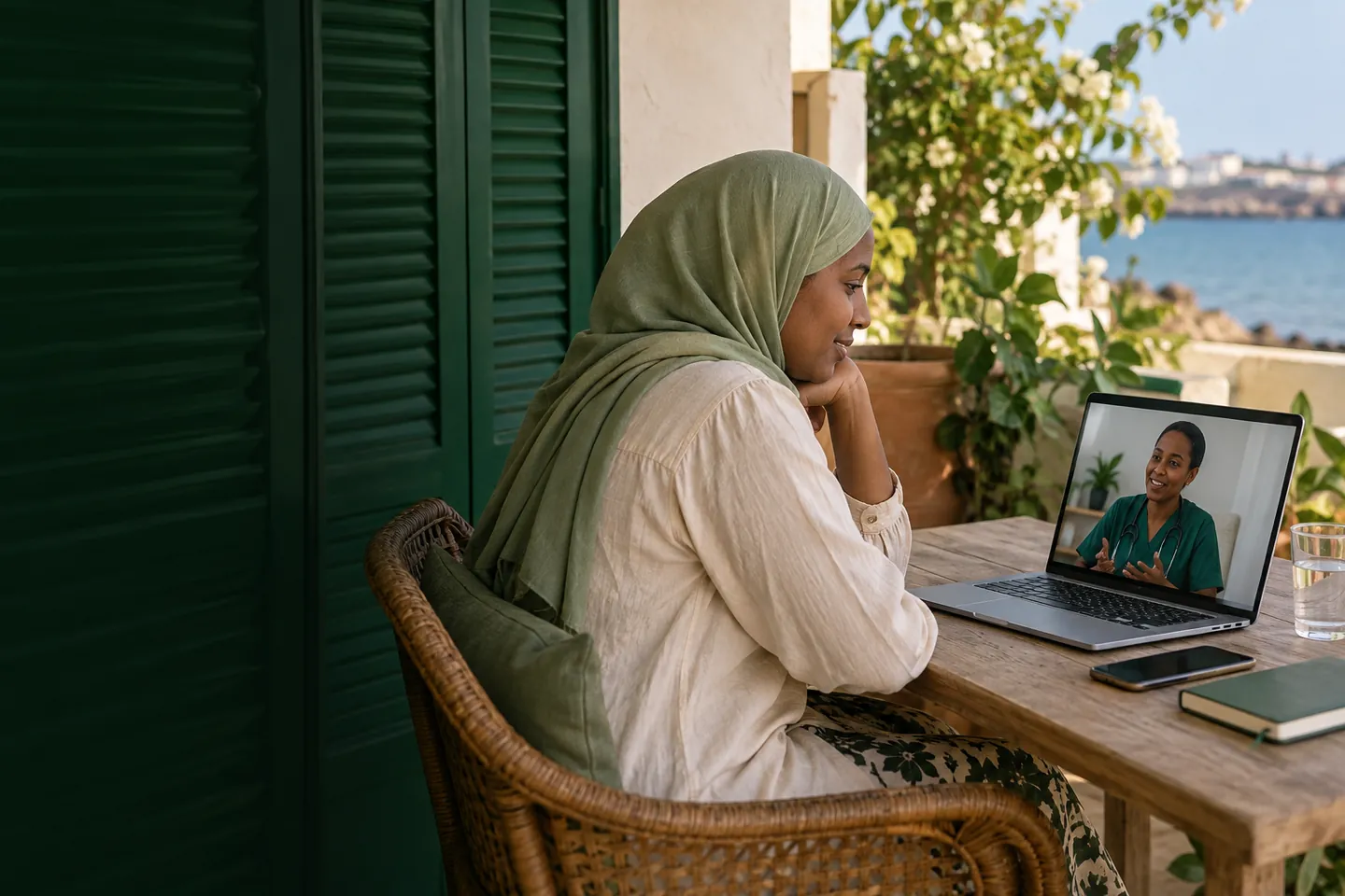 A patient on a video consultation with a Medyc clinician, from her terrace