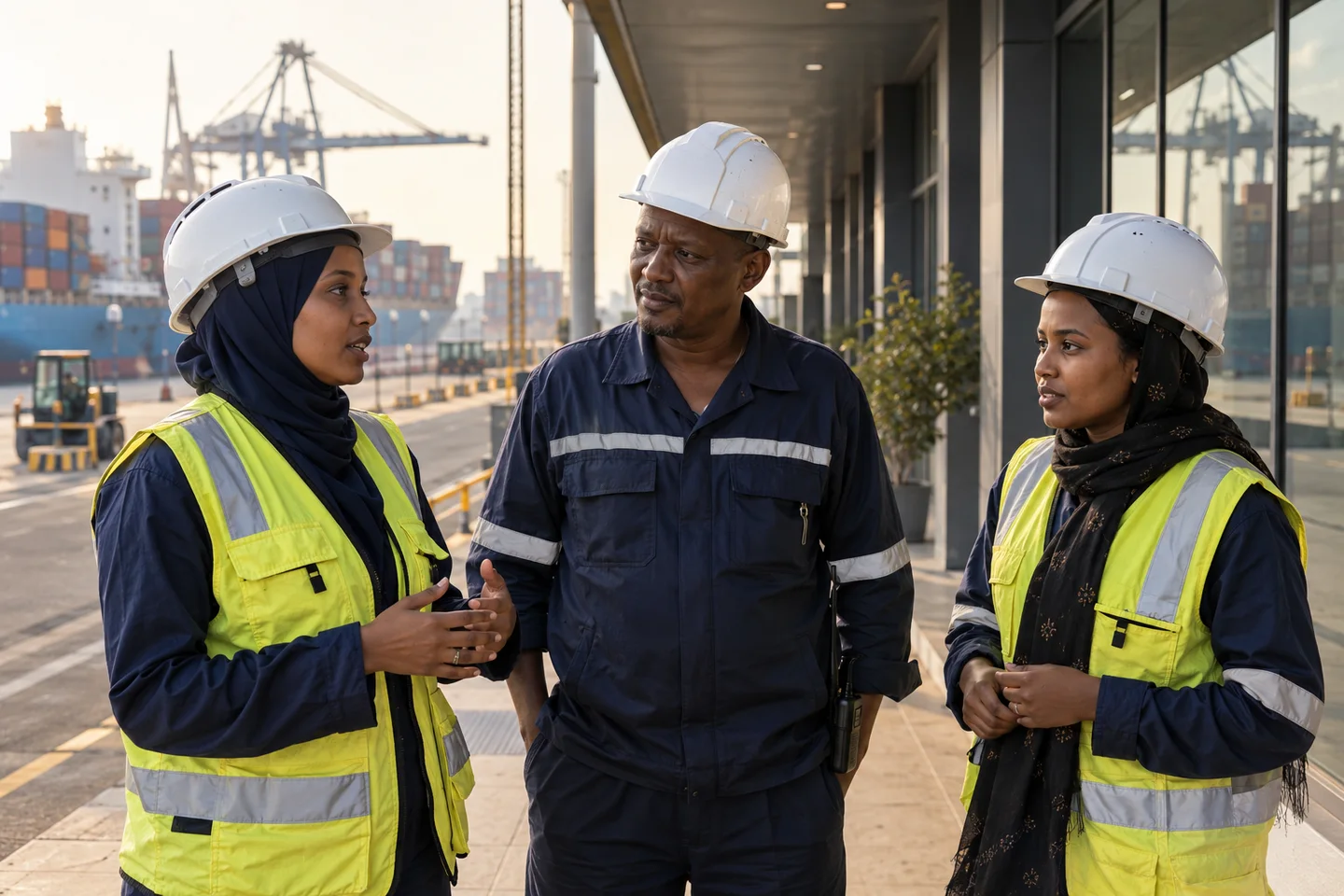 Trois collègues en tenue de sécurité échangent près du port de Djibouti