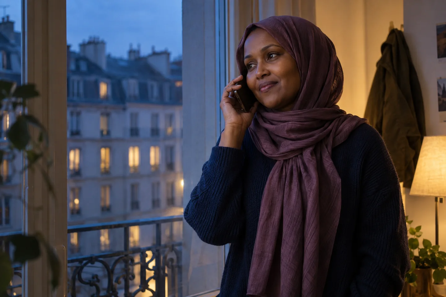 Une Djiboutienne téléphone à ses proches depuis son appartement en France à la tombée du jour