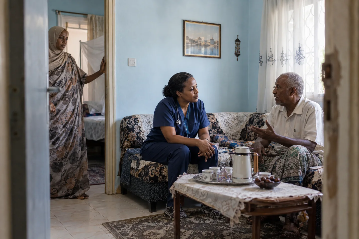 Une infirmière échange avec un homme âgé à son domicile à Djibouti, sa fille à proximité