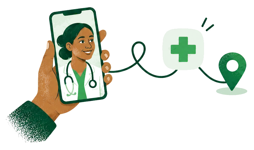 Illustration: a hand holds a phone showing a smiling health worker, linked by a line to a medical cross and a map pin.