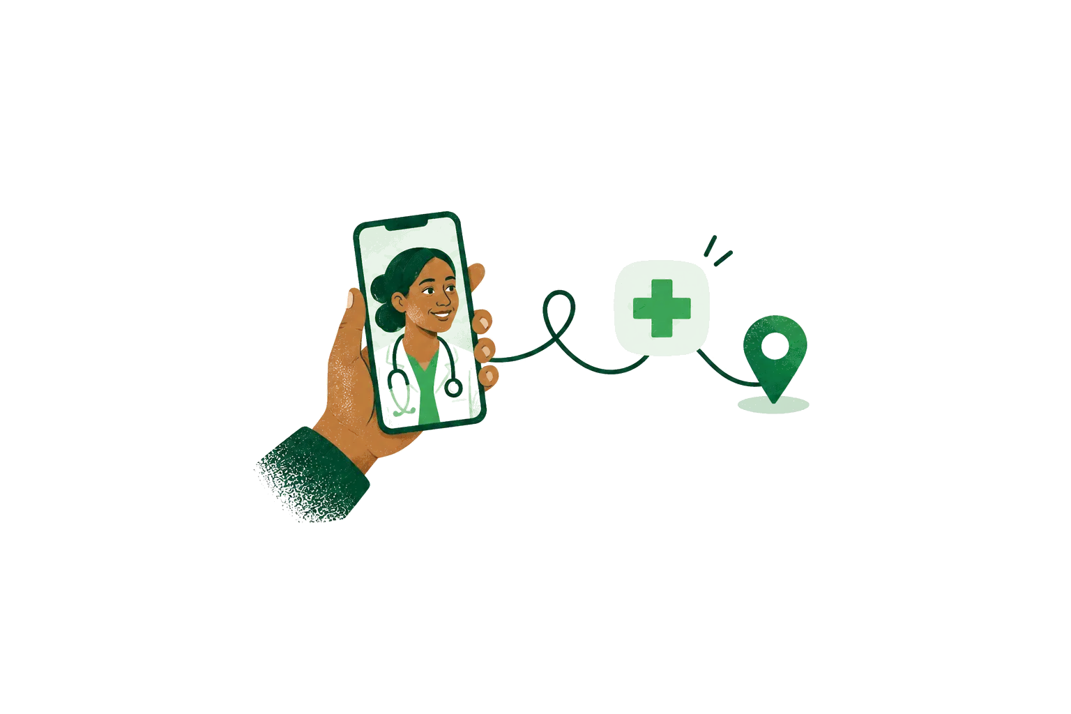 Illustration: a hand holds a phone showing a smiling health worker, linked by a line to a medical cross and a map pin.