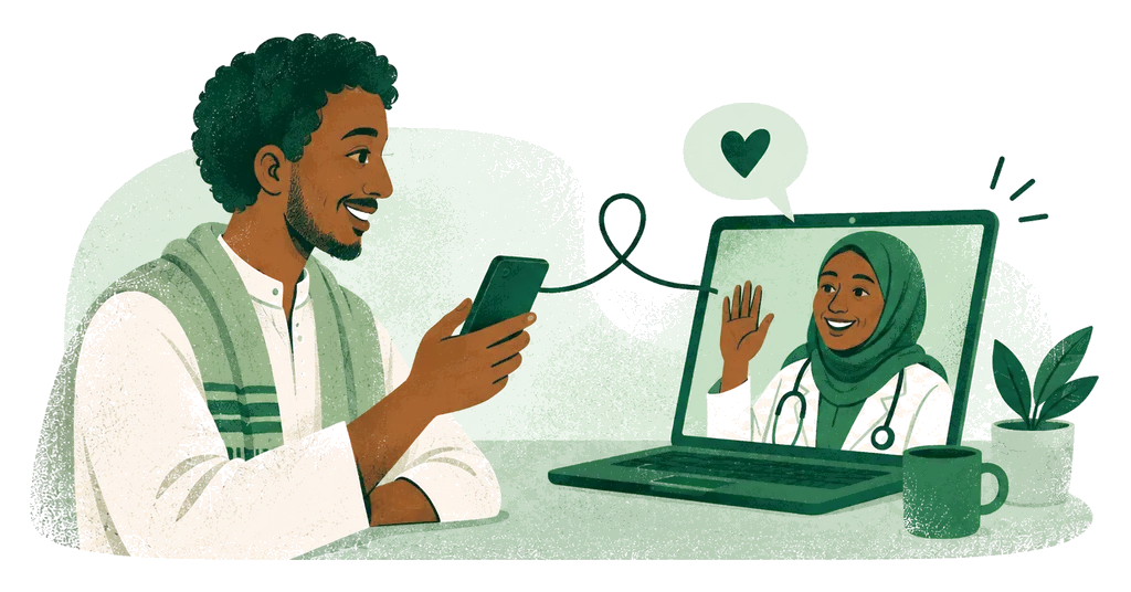 Illustration: a man smiles at a doctor who waves to him on a video call on a laptop.