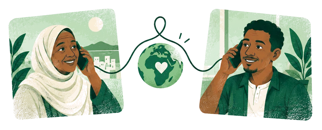 Illustration: an older woman and a young man talk on the phone, linked by a thread through a small globe with a heart.