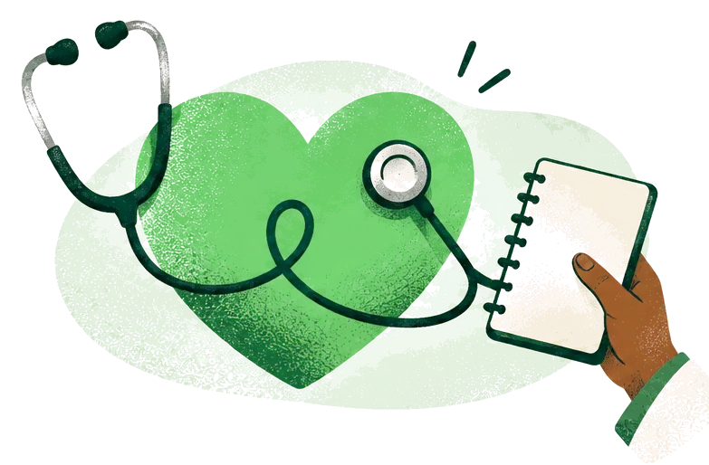 Illustration: a stethoscope wrapped around a large green heart, and a hand holding a notebook.