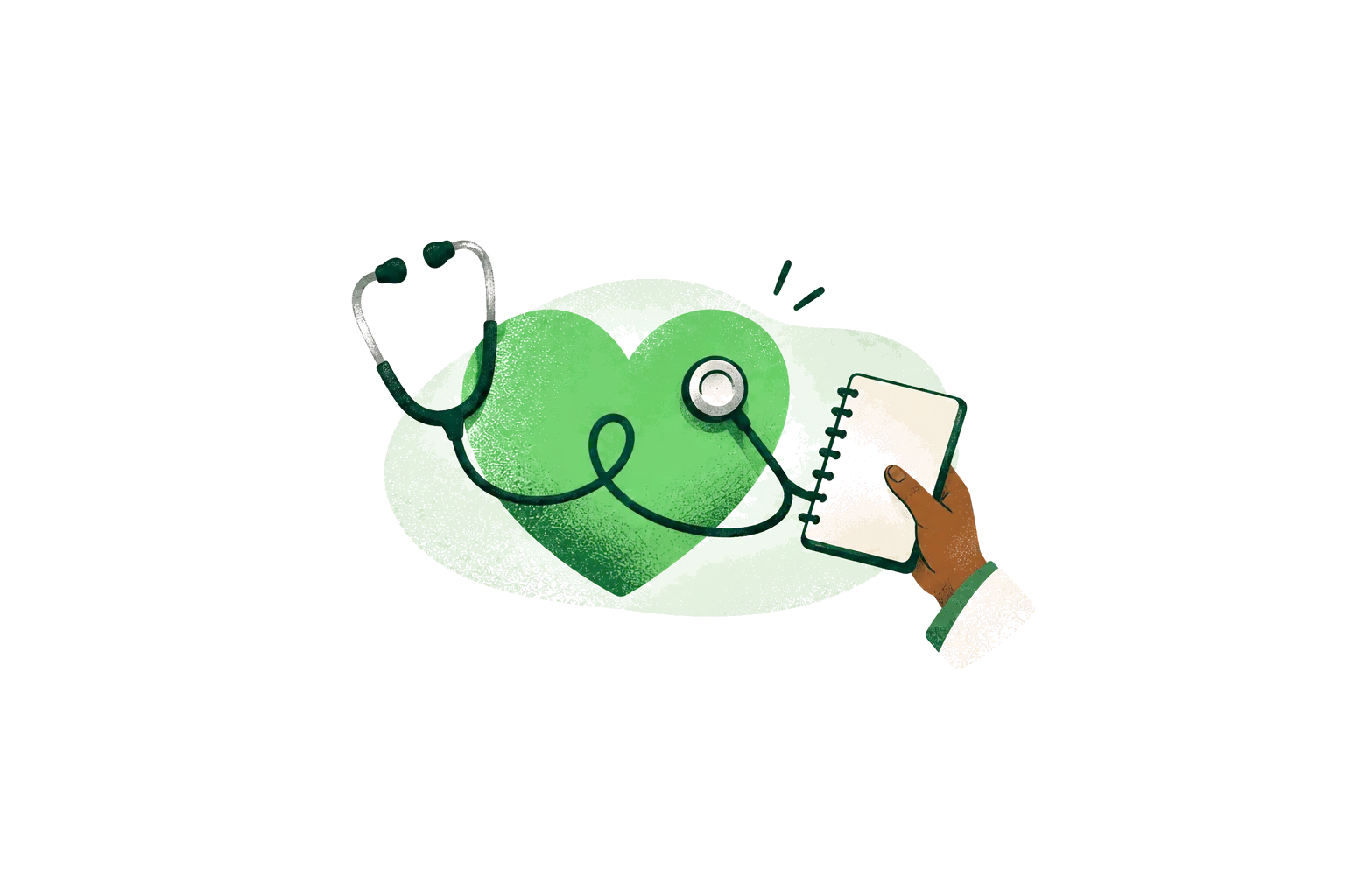 Illustration: a stethoscope wrapped around a large green heart, and a hand holding a notebook.