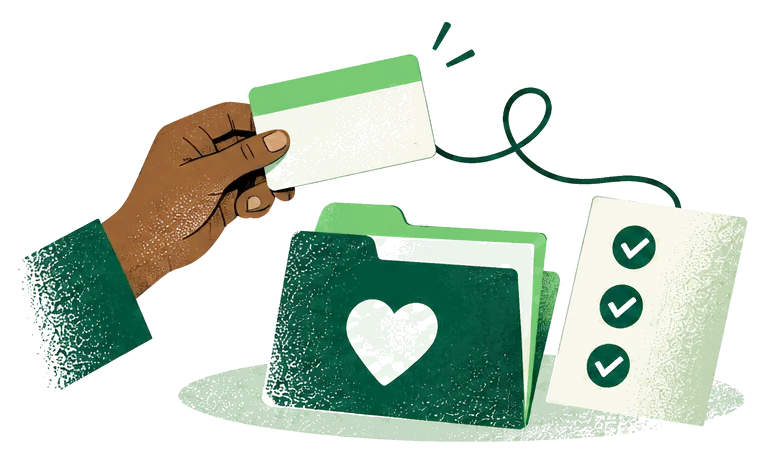 Illustration: a hand holds a health card above a care folder and a list of ticked items.
