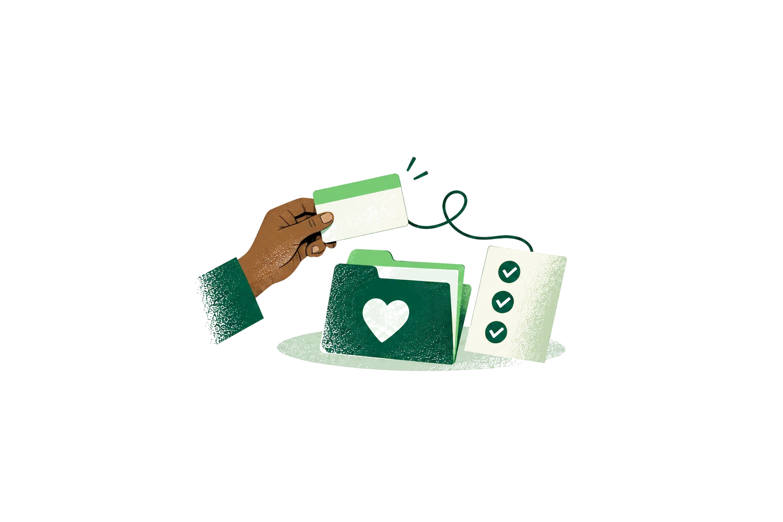 Illustration: a hand holds a health card above a care folder and a list of ticked items.
