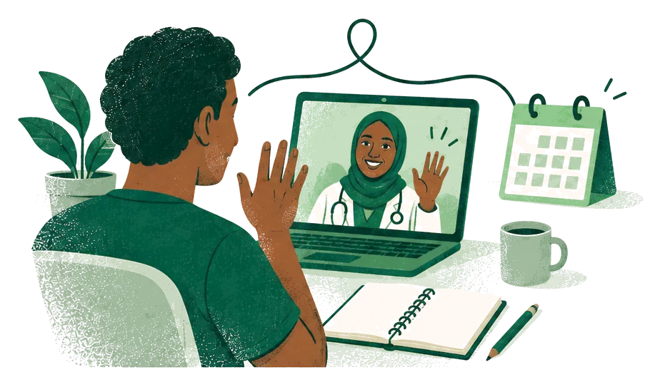 Illustration: a person follows a video consultation with a woman doctor on a laptop, next to a notebook, a mug and a calendar.
