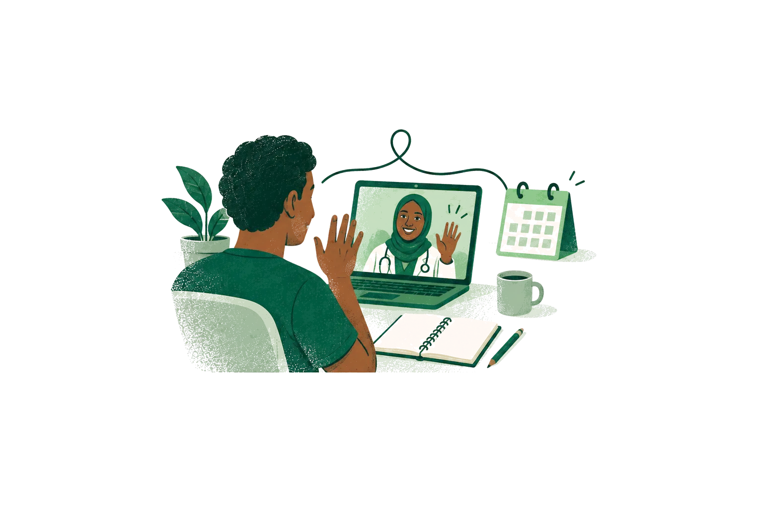 Illustration: a person follows a video consultation with a woman doctor on a laptop, next to a notebook, a mug and a calendar.