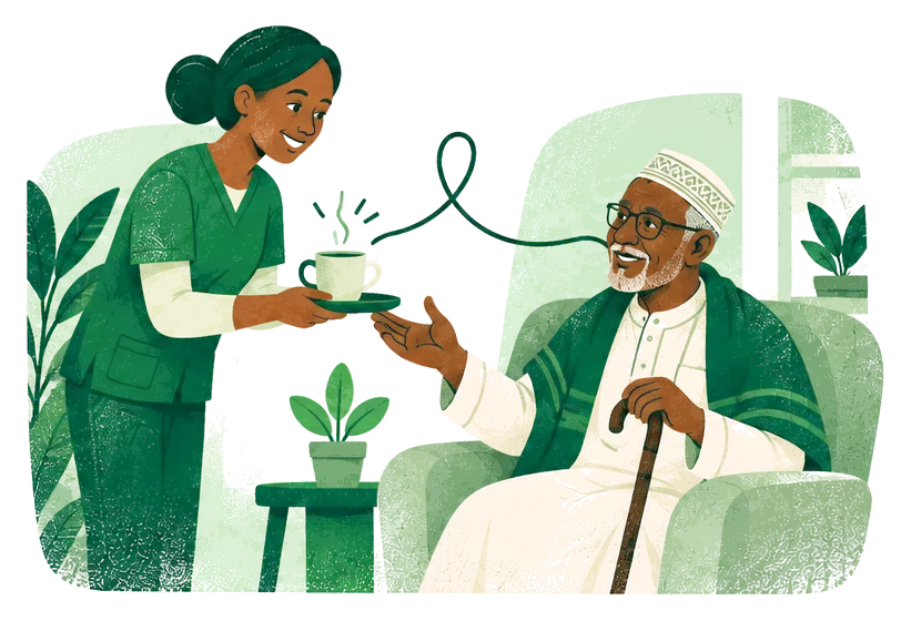 Illustration: a carer brings tea to an older man with a cane sitting in an armchair.