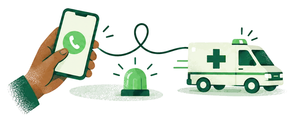 Illustration: a hand holds a phone ready to call, next to a flashing beacon and an ambulance.