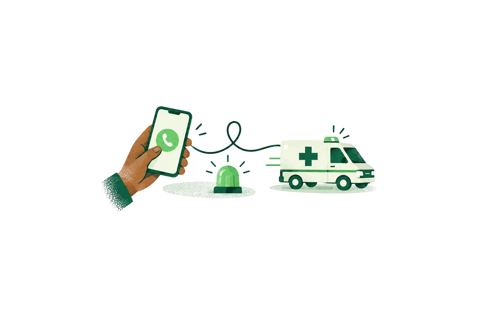 Illustration: a hand holds a phone ready to call, next to a flashing beacon and an ambulance.