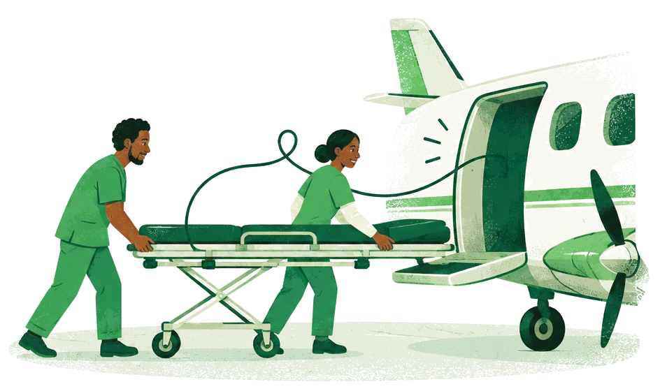 Illustration: two carers push a stretcher towards a small medical plane.