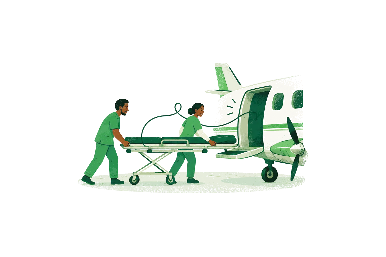 Illustration: two carers push a stretcher towards a small medical plane.