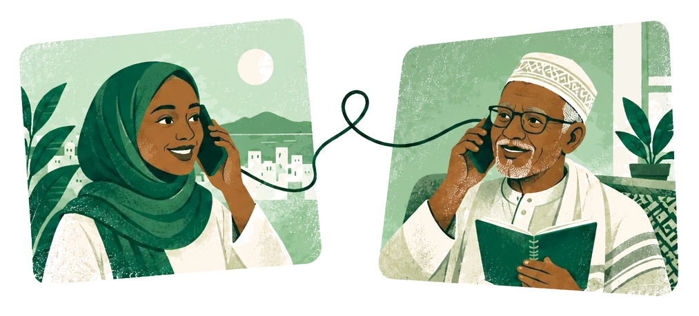 Illustration: a young woman and an older man talk on the phone, each in their own home, linked by a looping line.