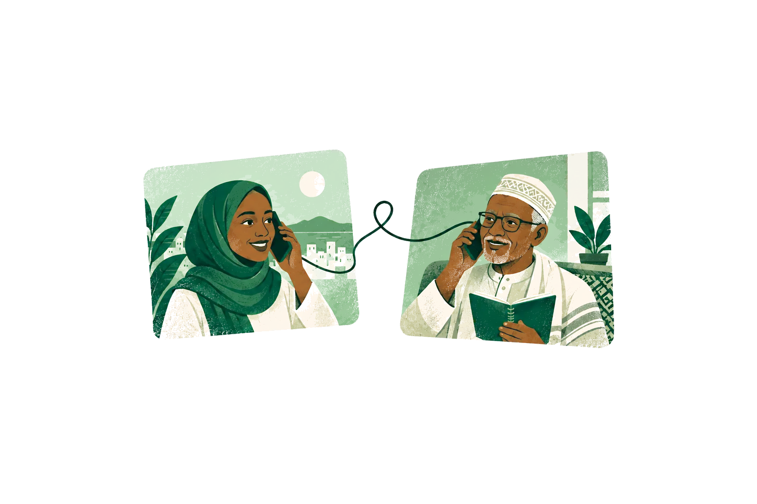 Illustration: a young woman and an older man talk on the phone, each in their own home, linked by a looping line.