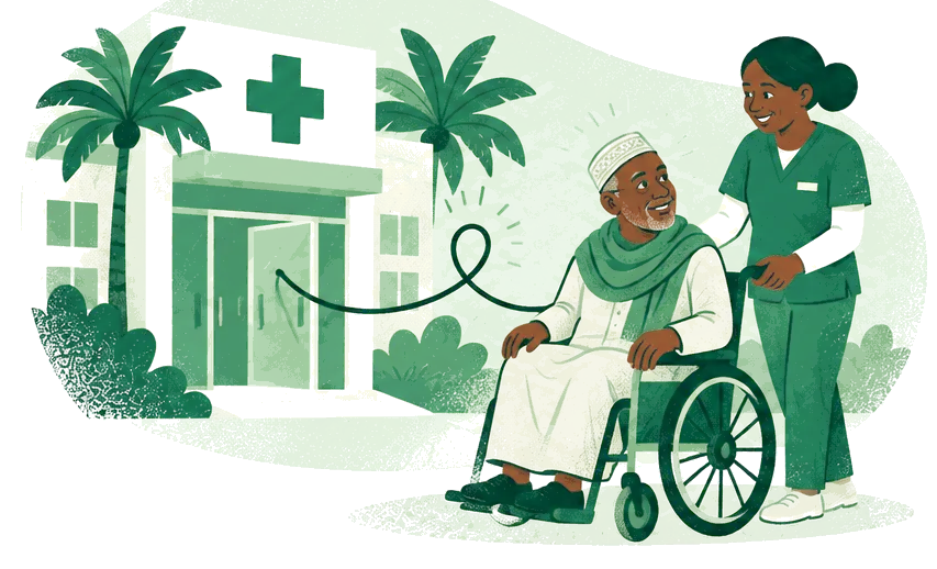 Illustration: a nurse accompanies a patient in a wheelchair in front of a hospital lined with palm trees.