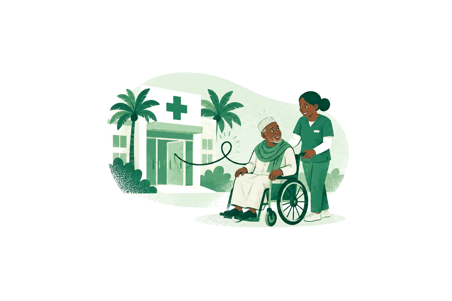 Illustration: a nurse accompanies a patient in a wheelchair in front of a hospital lined with palm trees.