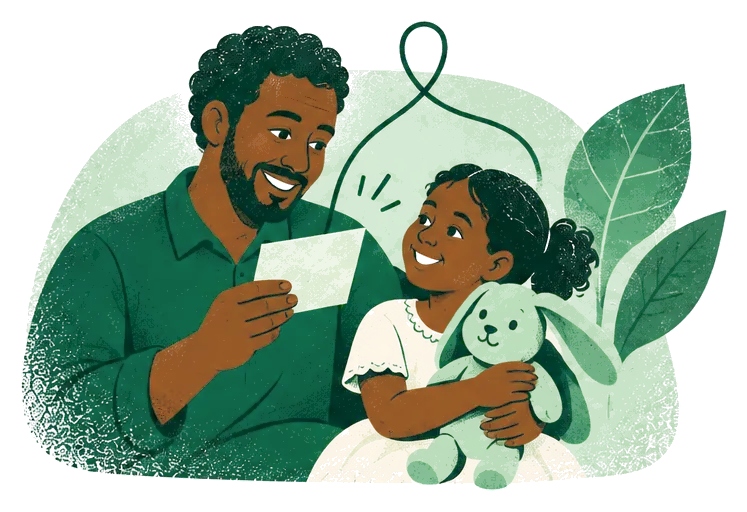 Illustration: a smiling father holds a note while his little daughter hugs a plush rabbit.