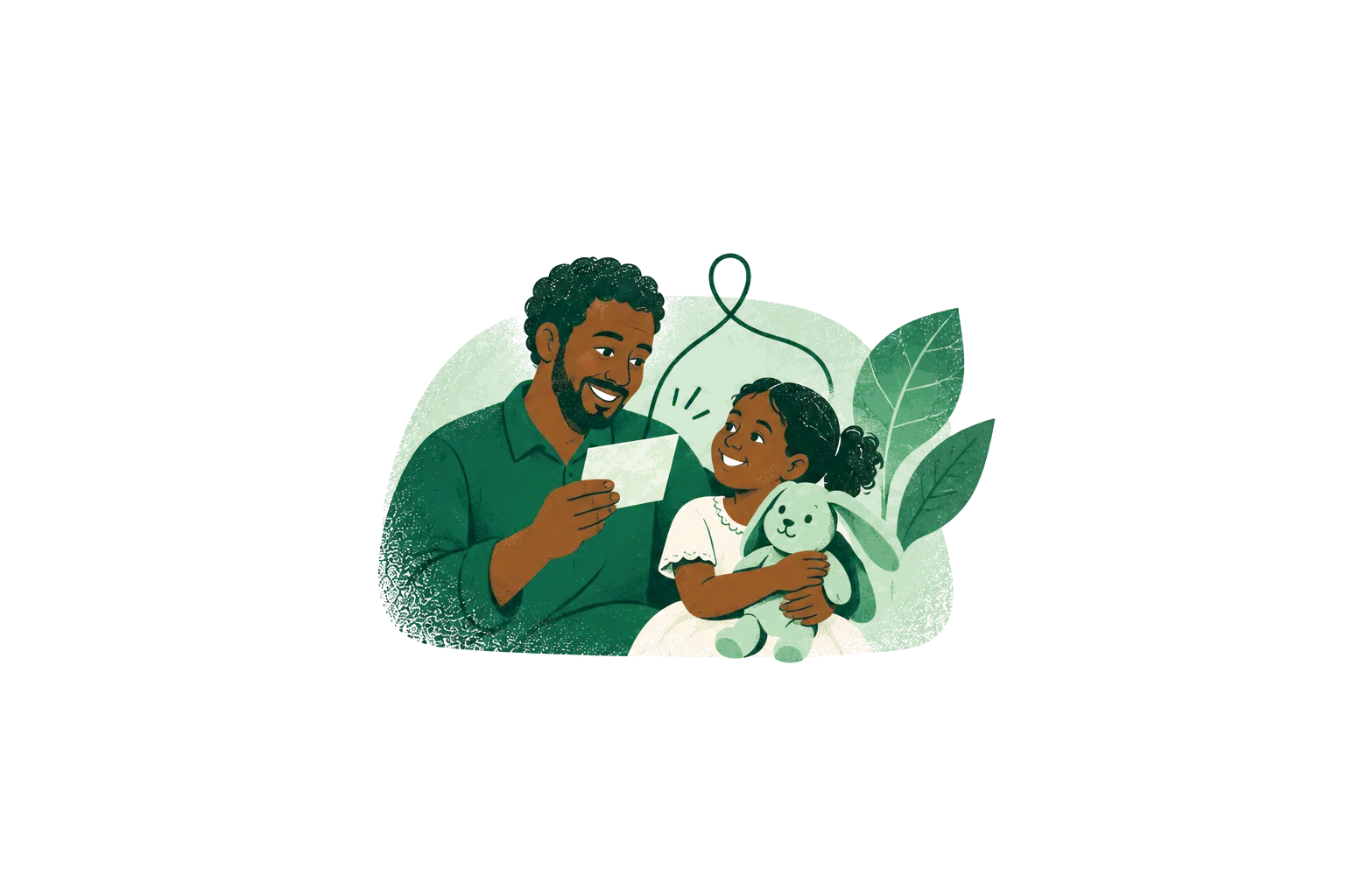 Illustration: a smiling father holds a note while his little daughter hugs a plush rabbit.