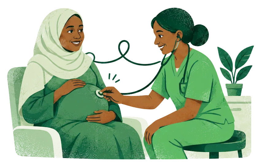 Illustration: a health worker listens with a stethoscope to a smiling pregnant woman’s belly.