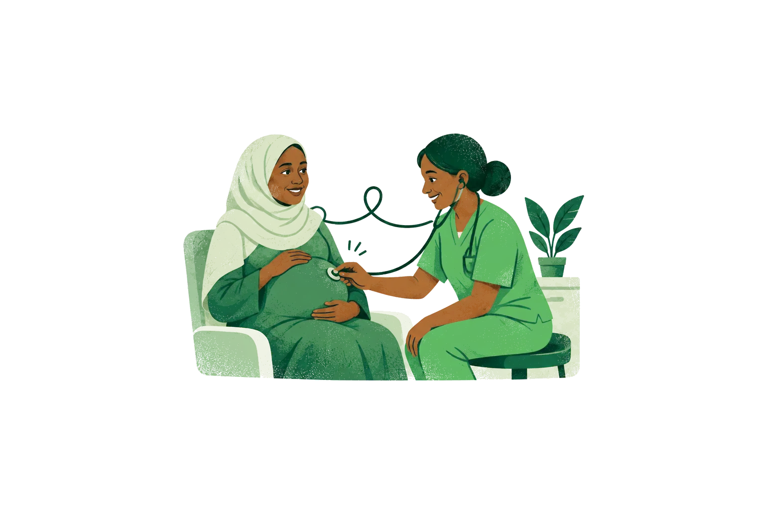 Illustration: a health worker listens with a stethoscope to a smiling pregnant woman’s belly.