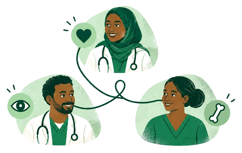 Illustration: three clinicians linked by a single thread, with heart, eye and bone symbols.