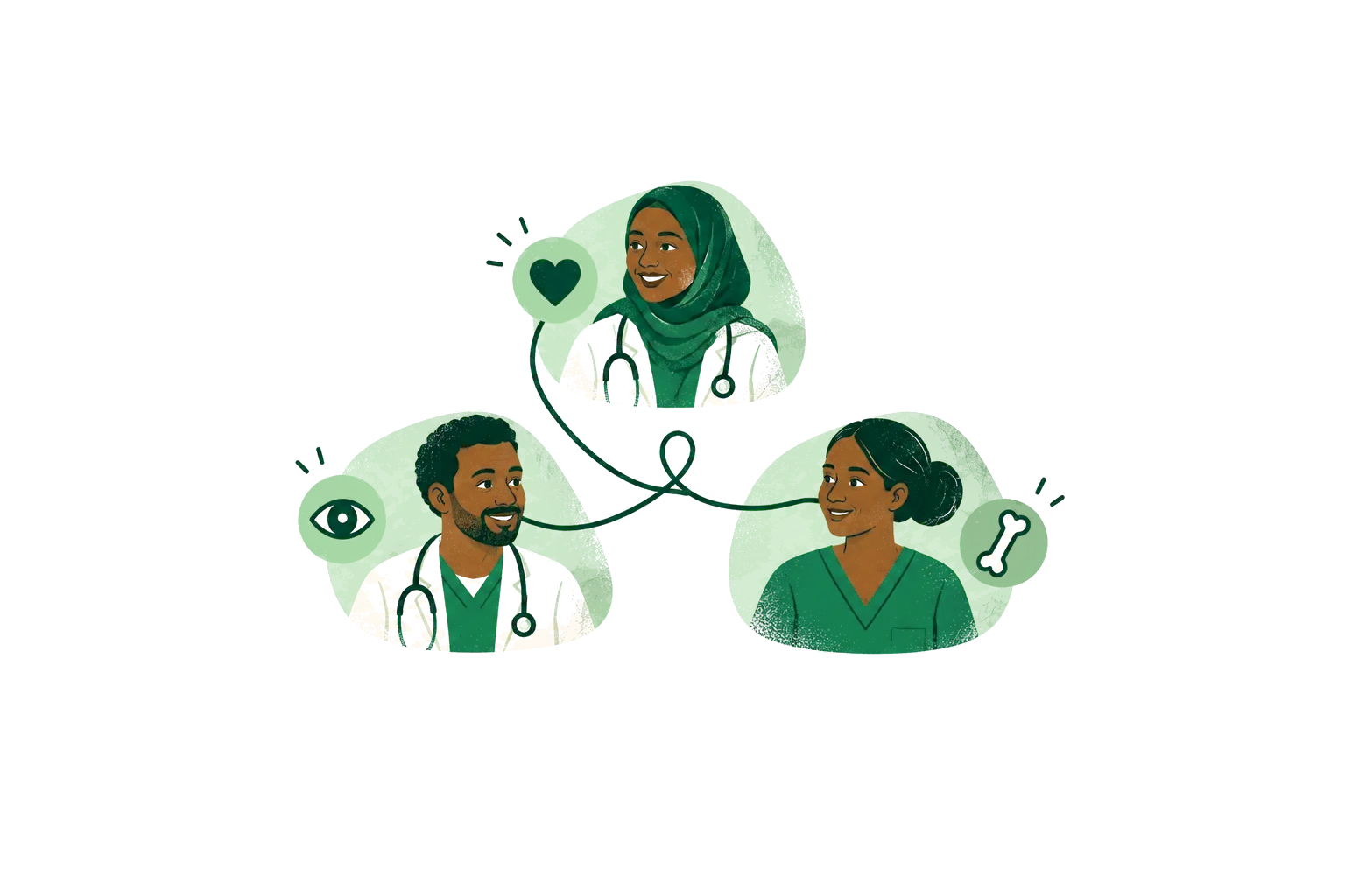 Illustration: three clinicians linked by a single thread, with heart, eye and bone symbols.