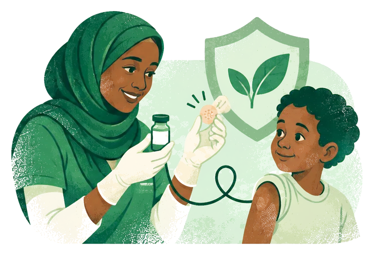 Illustration: a health worker prepares a vaccine for a smiling child.