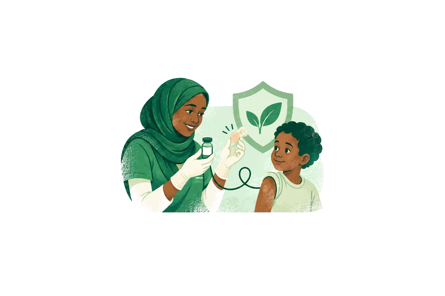 Illustration: a health worker prepares a vaccine for a smiling child.