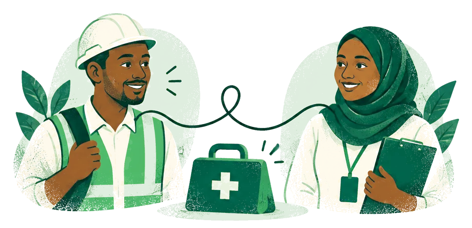 Illustration: a worker in a safety helmet and an office employee, linked by a thread to a first-aid kit.