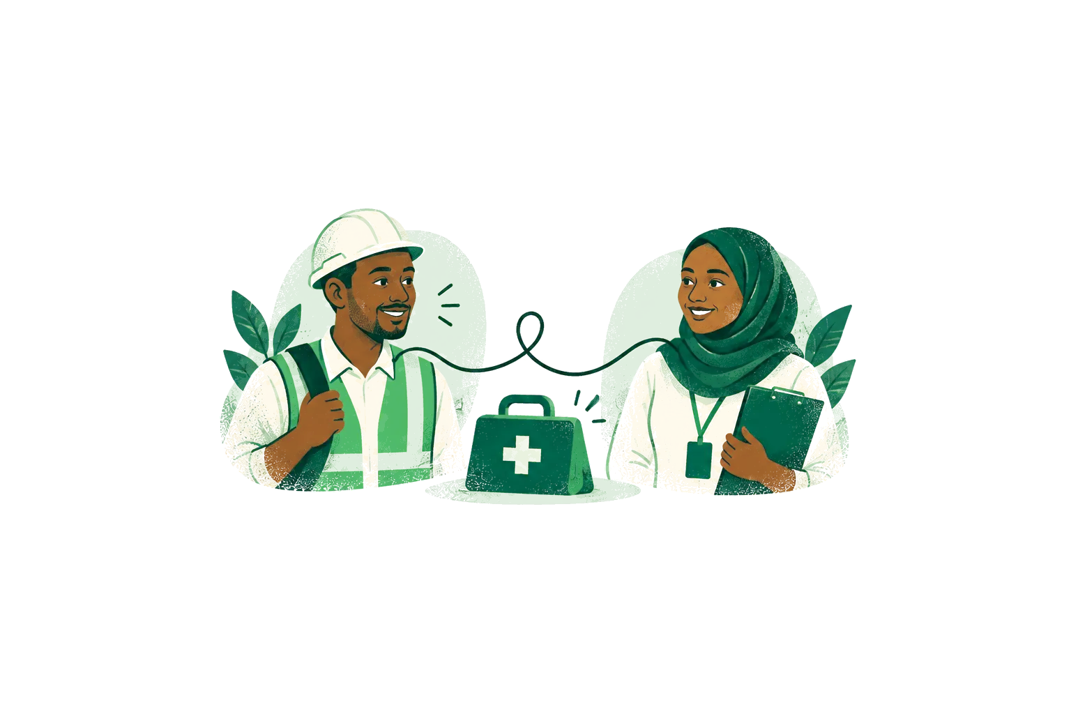 Illustration: a worker in a safety helmet and an office employee, linked by a thread to a first-aid kit.