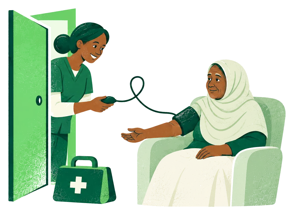 Illustration: a nurse comes through the door and takes the blood pressure of an older woman sitting in an armchair.