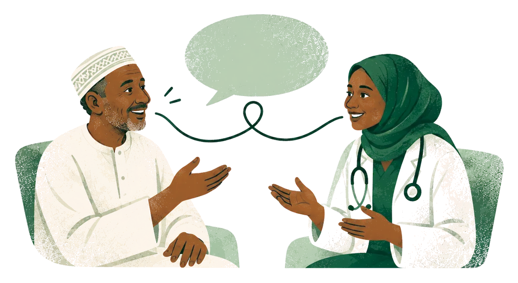 Illustration: a doctor and an older man talk, sitting face to face in armchairs.