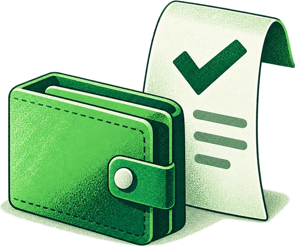 Wallet and confirmed-price receipt.