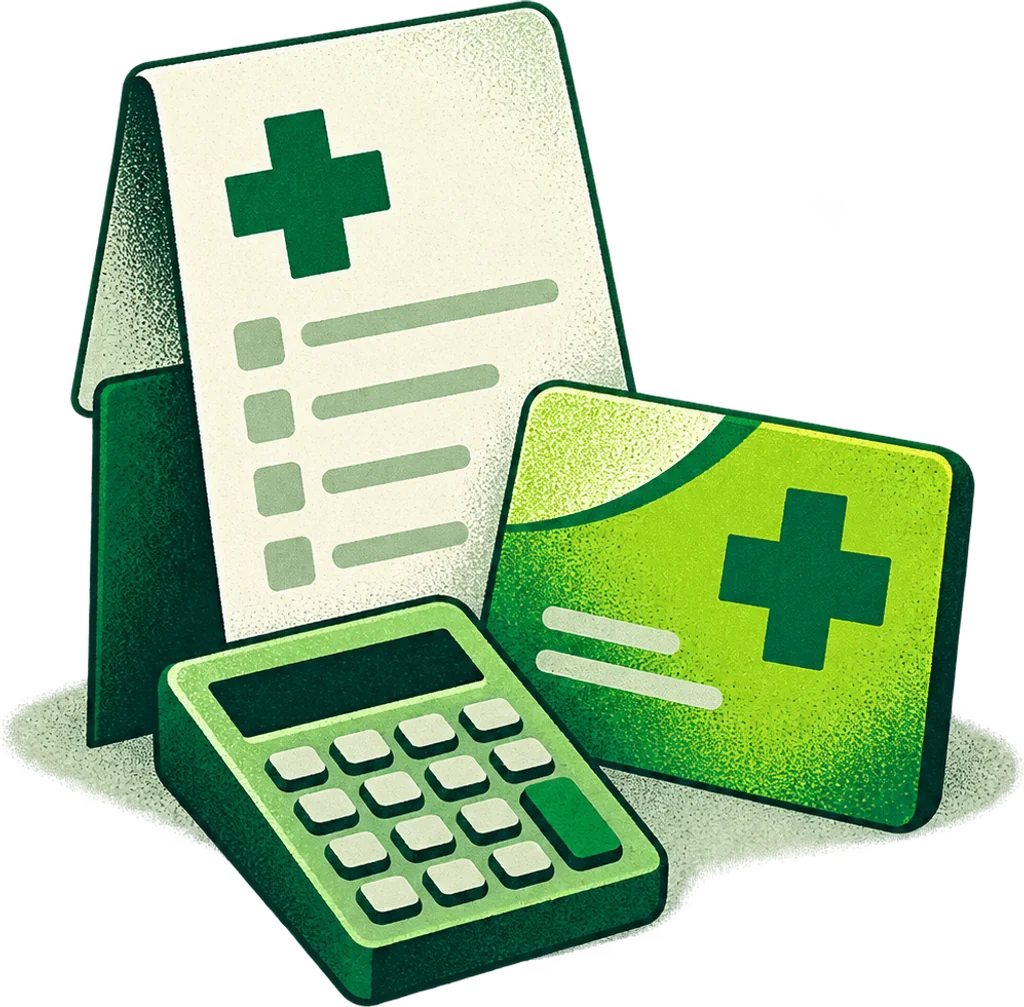 Medical invoice, health card and calculator.