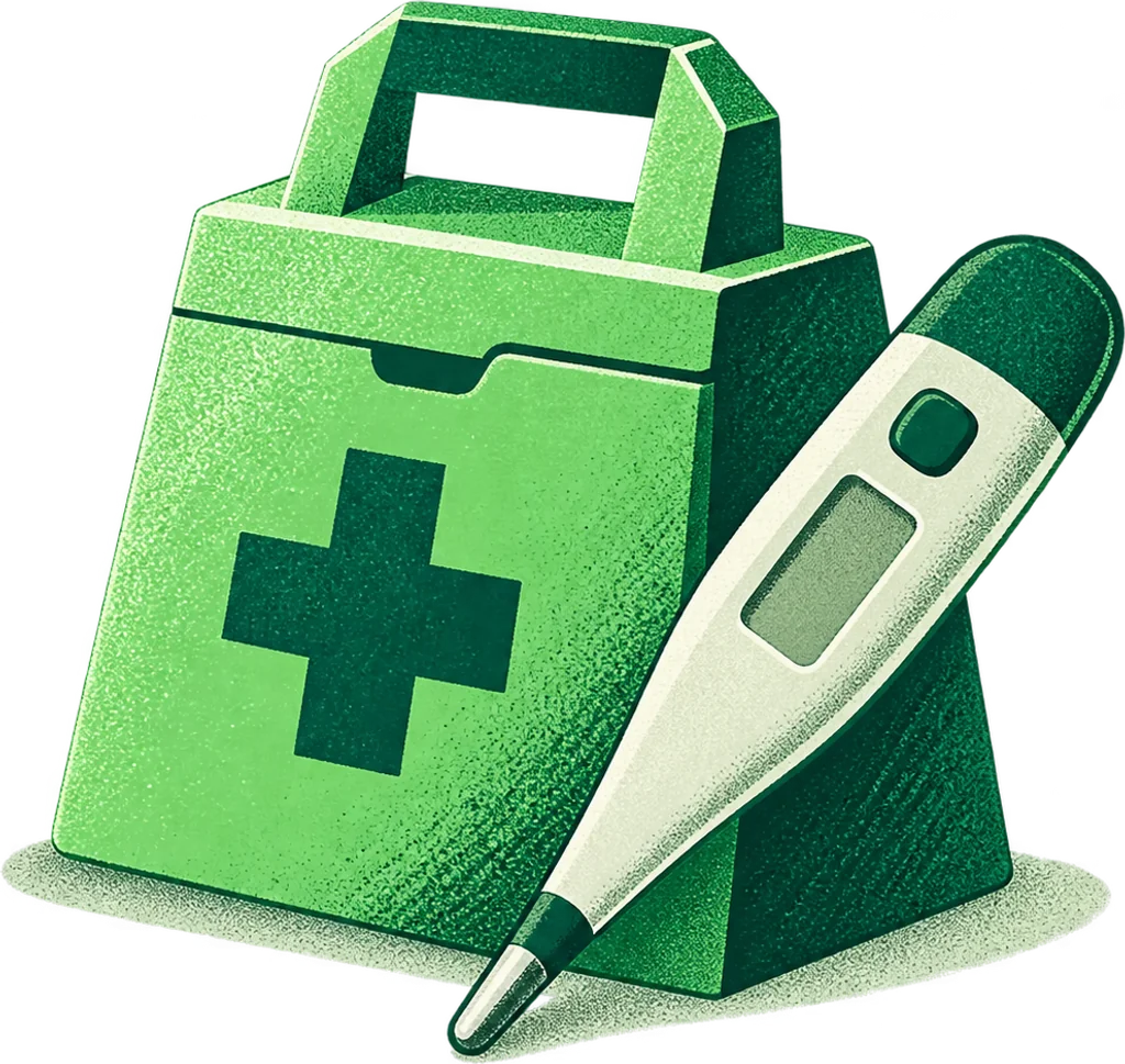 Thermometer and medical kit.
