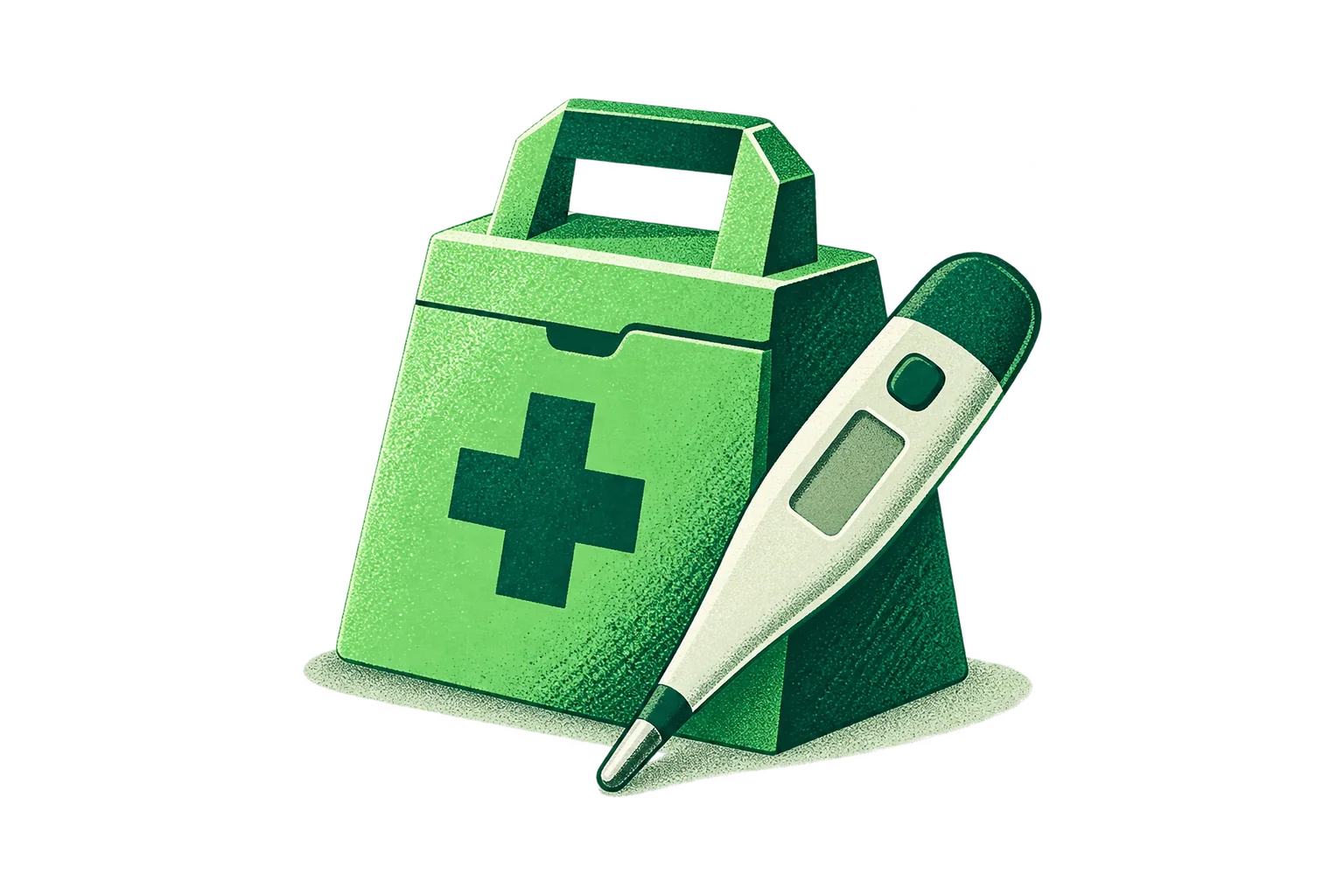 Thermometer and medical kit.