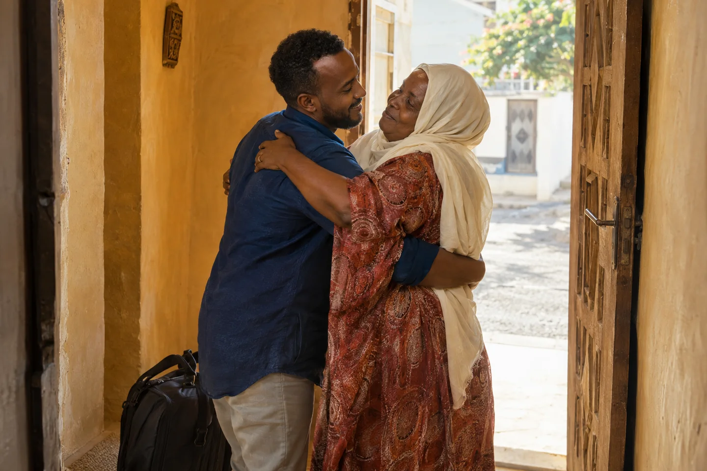 Un fils de retour à Djibouti retrouve sa mère et la prend dans ses bras sur le pas de sa porte