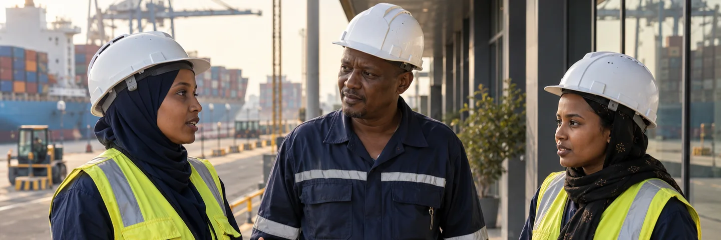 Trois collègues en tenue de sécurité échangent près du port de Djibouti