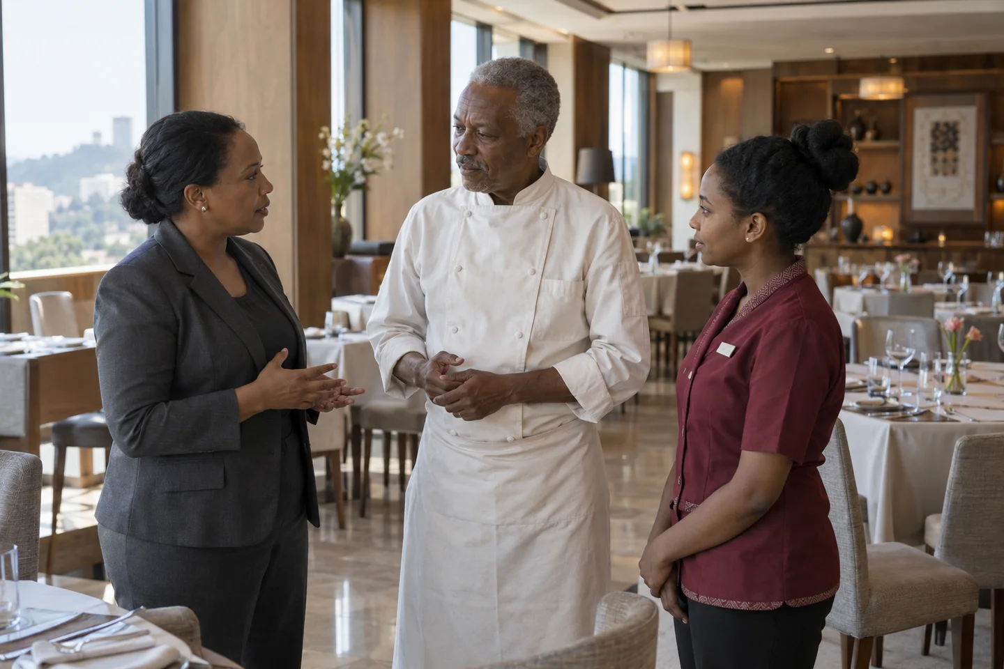 Trois collègues de l’hôtellerie échangent avant le service dans un restaurant à Addis-Abeba