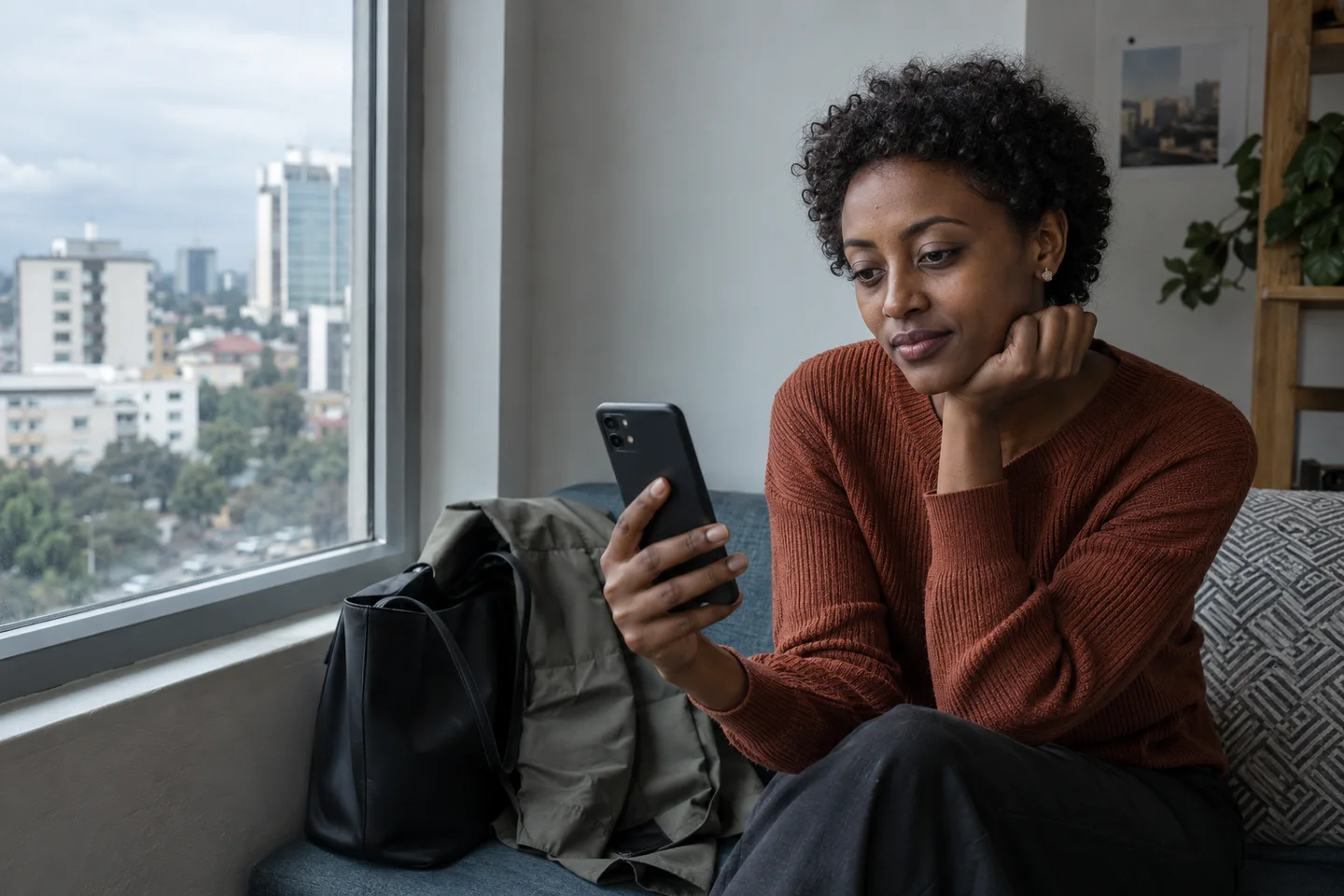A woman uses her phone beside the window of her apartment in Addis Ababa