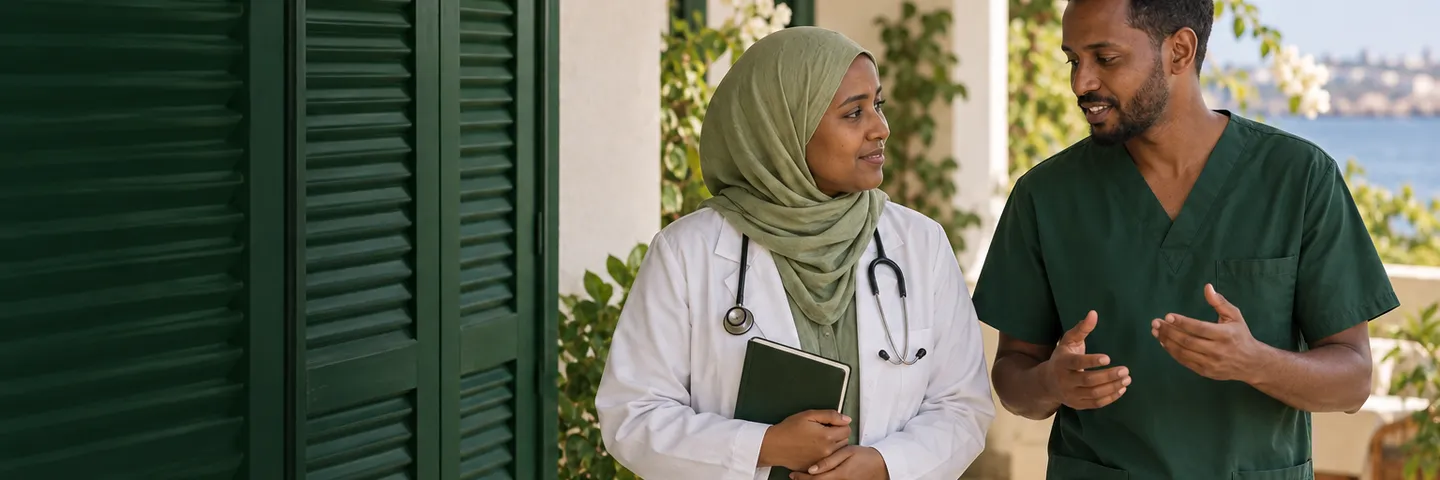 A doctor in a white coat and a nurse talk as they walk along a clinic terrace in Djibouti