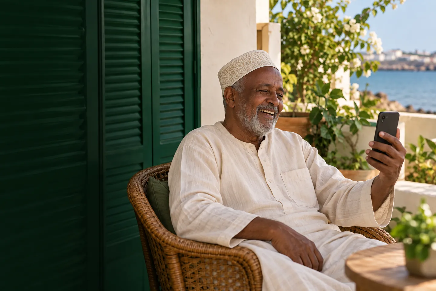 An older man smiles on a video call with his family, on a terrace in Djibouti.