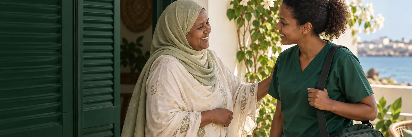 A nurse with her bag is welcomed at the door by a patient in Djibouti