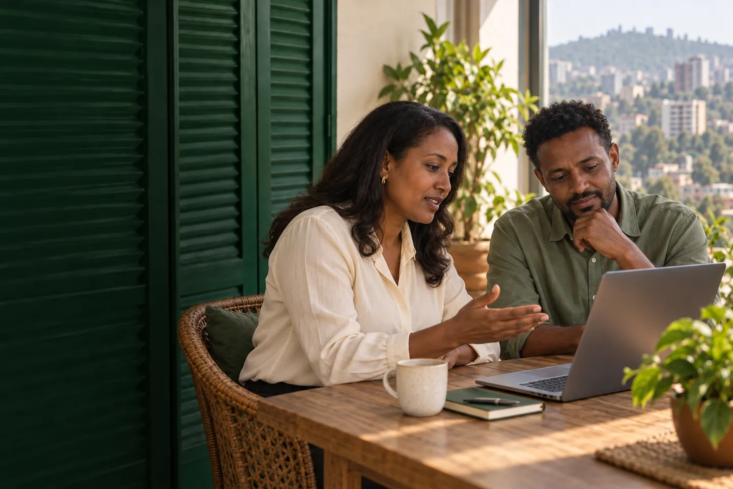 Two colleagues talk over a laptop, with the hills of Addis Ababa behind them