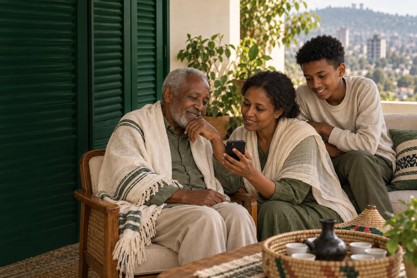 Three generations of a family look at a phone together in Addis Ababa.