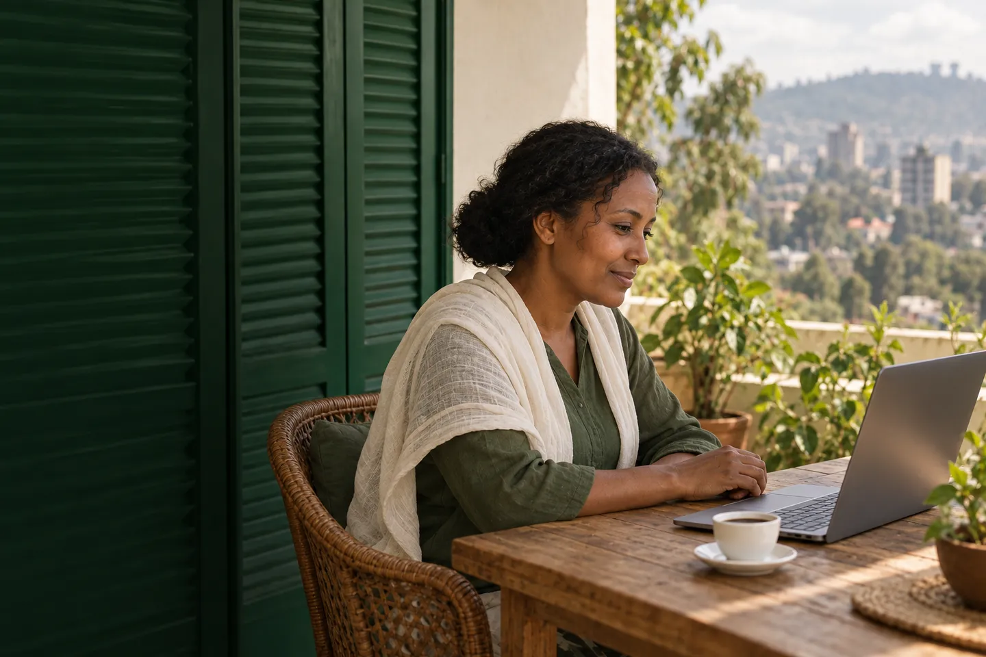 A woman follows a video consultation on her laptop at home in Addis Ababa