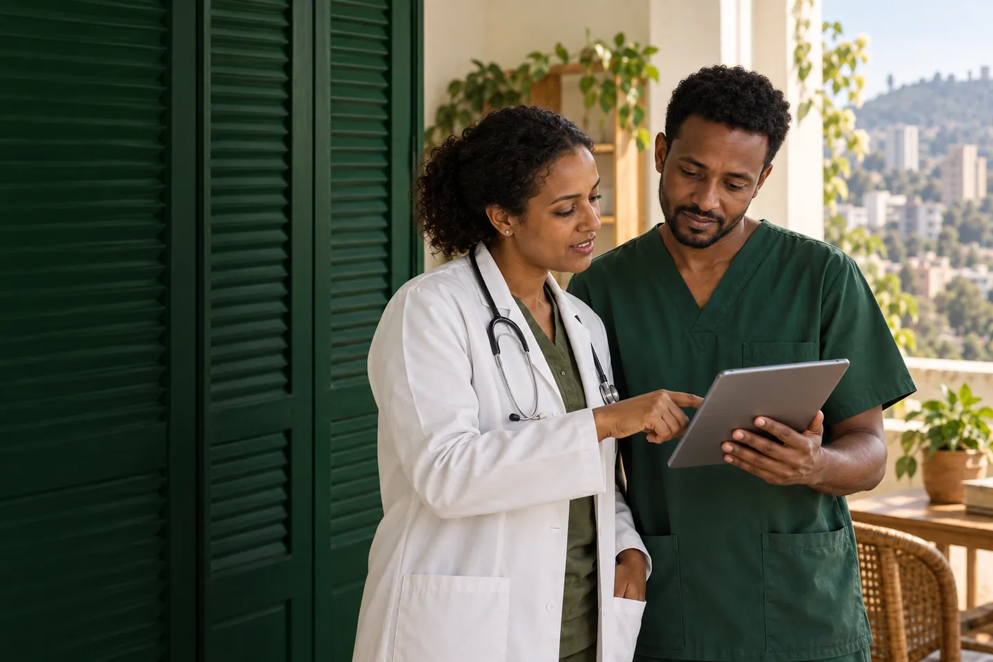 An Ethiopian woman doctor and a male nurse review a tablet on a clinic terrace in Addis Ababa